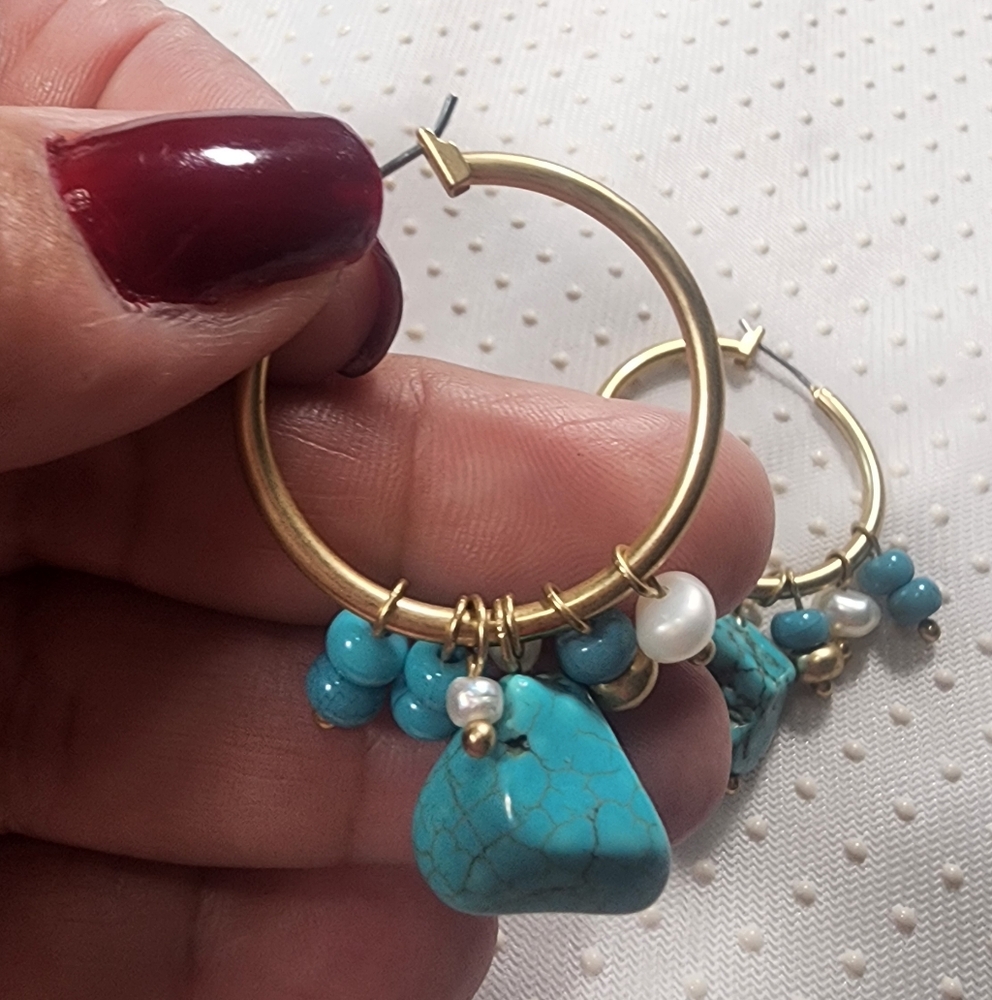 Turquoise and Gold- Tone  Hoop Earrings Bohemian and Trendy - Picture 3 of 6